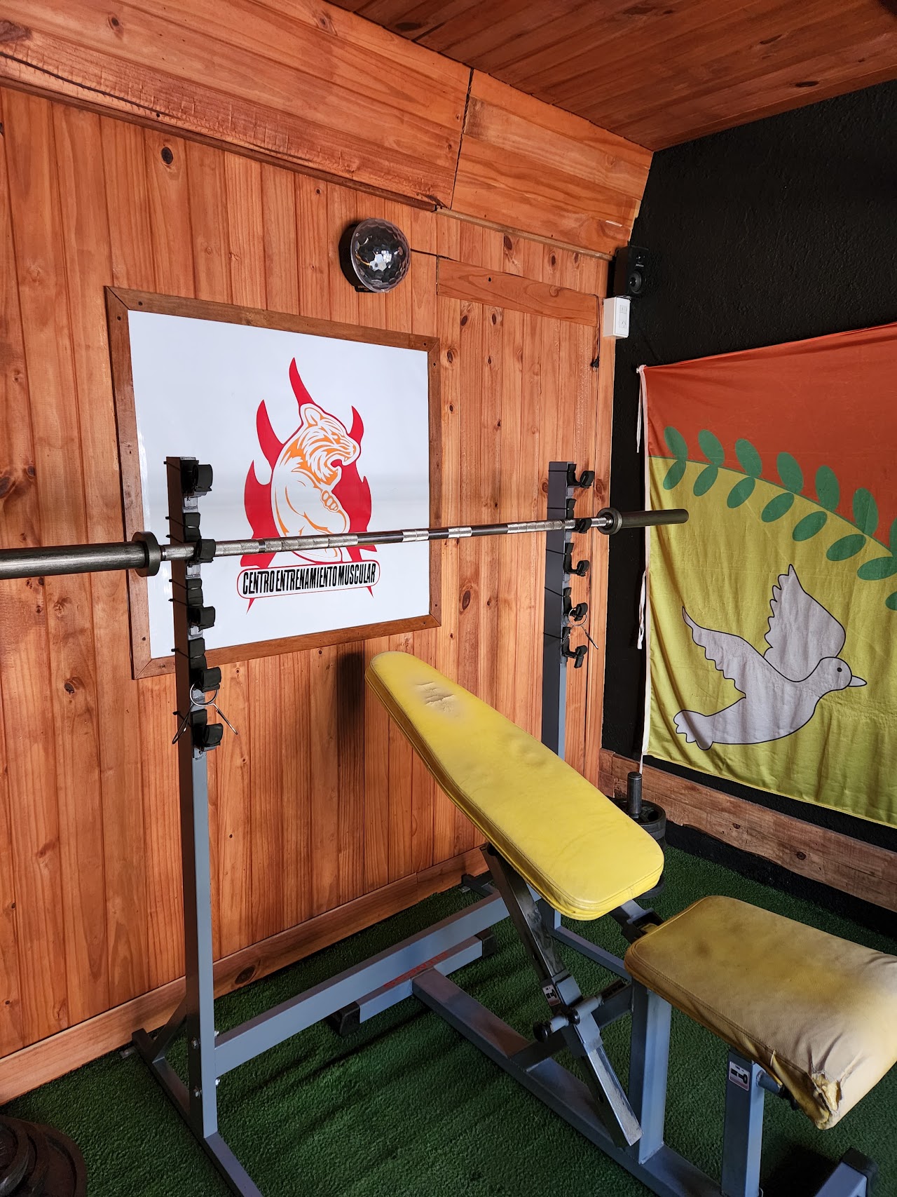 Identidad del Centro de Entrenamiento Muscular, rack de pesas con el cartel del gimnasio en la pared